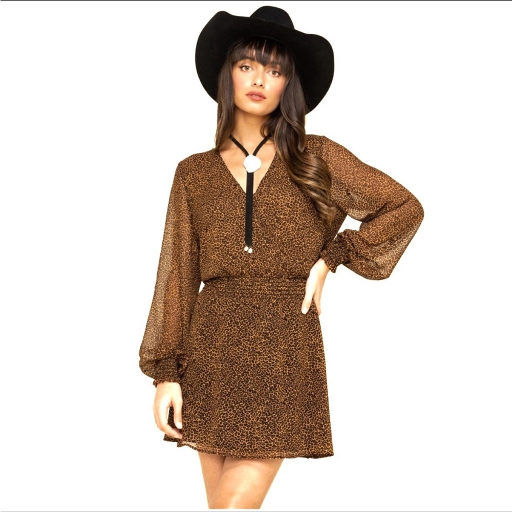 Show Me Your MuMu "Adelaide" Brown Cheetah Print LS Cinched Waist Dress